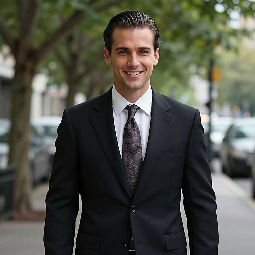 Confident Young Man in Black Suit Smiling on City Street