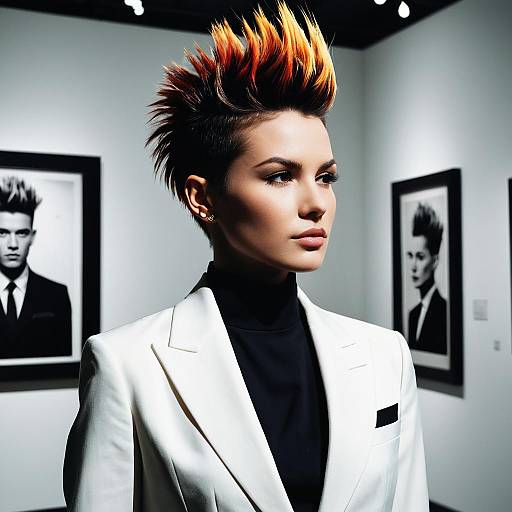 Woman with Spiked Fiery Hair in White Blazer at Modern Art Gallery