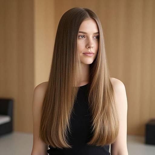 Portrait of Young Woman with Long Straight Hair in Minimalist Indoor Setting