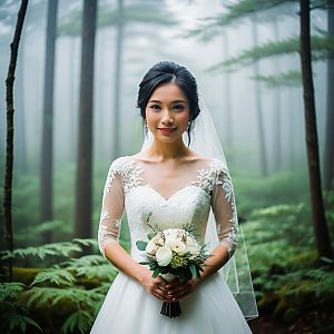 Bride in Misty Forest with White Bouquet