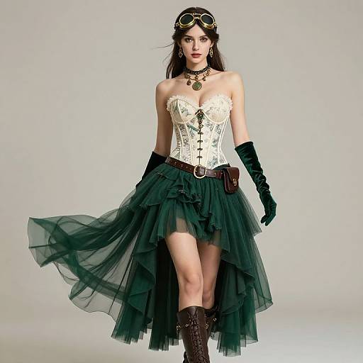 Steampunk Woman in Cream Corset and Green Layered Tulle Skirt with Goggles