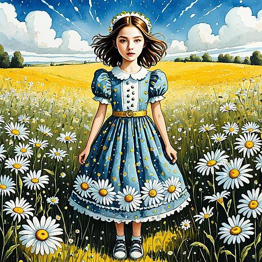 Young Girl in Vintage Dress Standing Among Daisy Flowers in a Bright Field