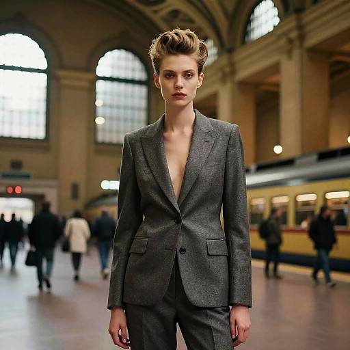 Woman in Tailored Gray Suit at Grand Train Station