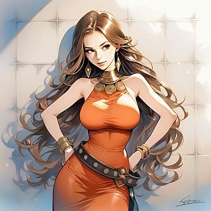 Confident Woman in Orange Dress - Modern Anime Art
