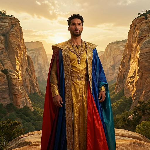 Man in Golden Robe and Multicolor Cloak Standing in Canyon Sunset