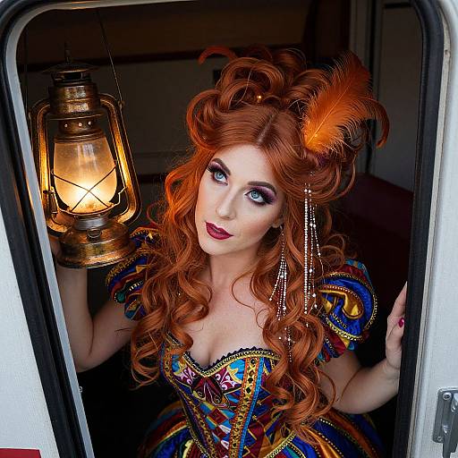 Victorian-Inspired Woman in Colorful Costume Holding Antique Lantern
