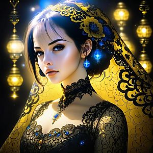 Digital Portrait of Woman in Black Lace and Yellow Veil