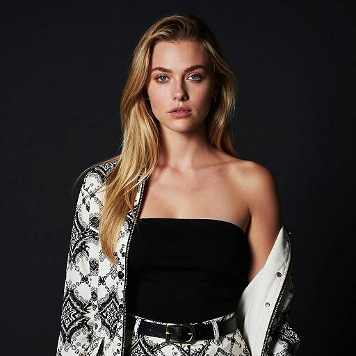 Blonde Woman in Black Strapless Top and Patterned Jacket Fashion Portrait