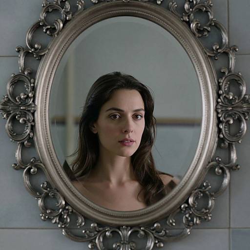 Woman Reflected in Ornate Oval Vintage Mirror