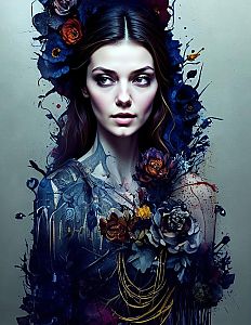 Stylized Portrait of a Woman with Dark Vibrant Flowers