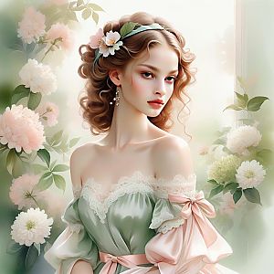 Young Woman in Pastel Green Dress with Flowers