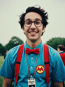 Man in Nerd Costume with Red Bow Tie and Suspenders in Playful Cosplay