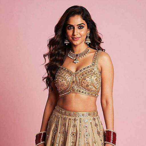 Elegant Woman in Golden Embroidered Ethnic Outfit with Traditional Jewelry