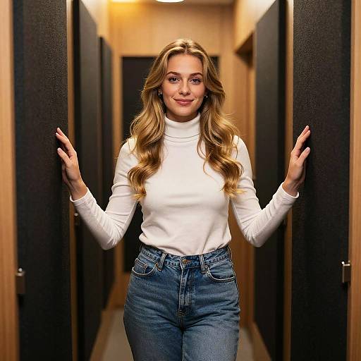 Confident Woman in White Turtleneck and Jeans Standing in Hallway