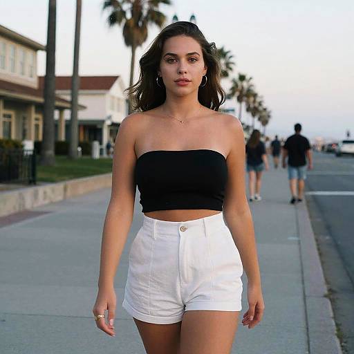 A Woman Wearing Strapless Black Crop Top and White Shorts in Oversaturated Film Style