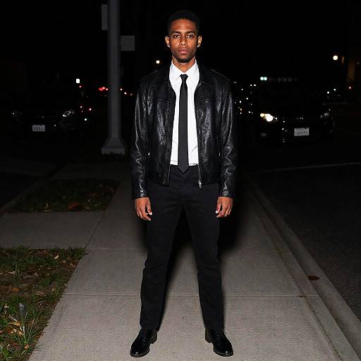 Man in Leather Jacket and Tie Standing on Sidewalk at Night Halloween Style