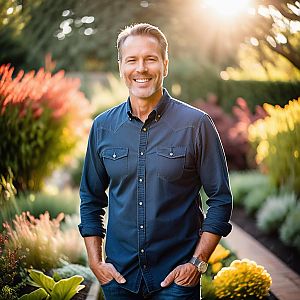 Confident man in sunlit garden