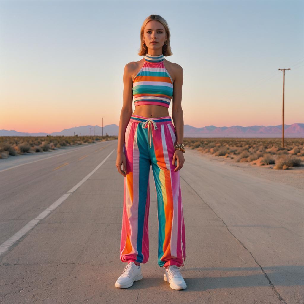 Woman in Rainbow Striped Outfit Standing on Desert Road at Sunset