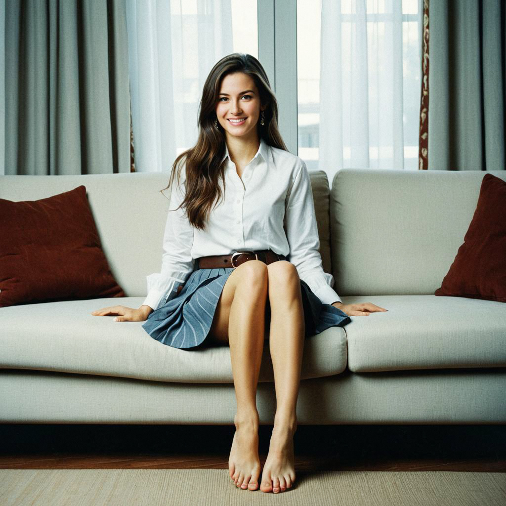 Young Woman in White Shirt and Blue Skirt on Sofa Young Woman in White Shirt and Blue Skirt on Sofa