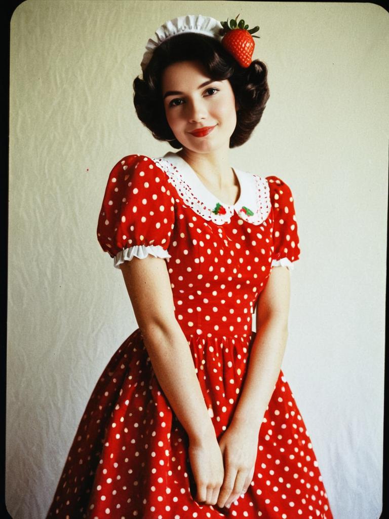 Young Woman in Vintage Red Polka Dot Dress with Strawberry Accessory