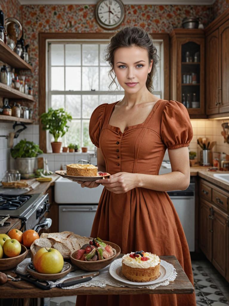 Vintage Woman in Brown Midi Dress Holding Pie in Kitchen