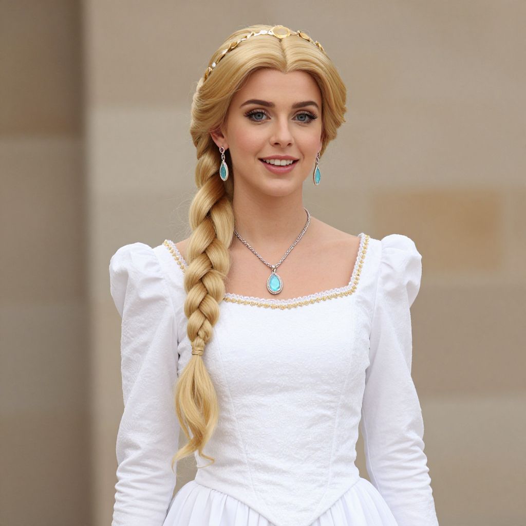 Woman in White Medieval-Style Dress with Blonde Braid and Turquoise Jewelry
