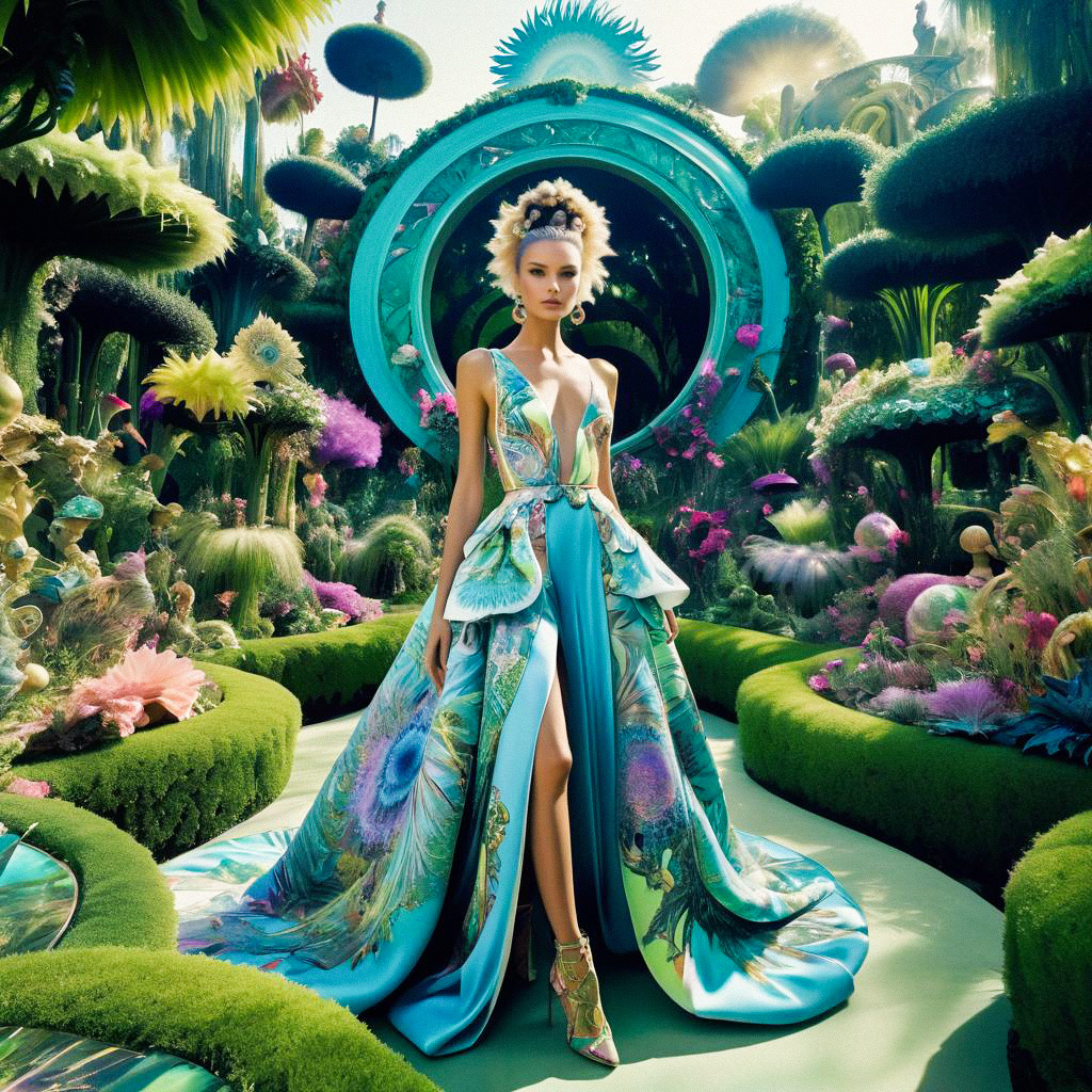 Elegant Woman in Vibrant Peacock Dress in Lush Garden