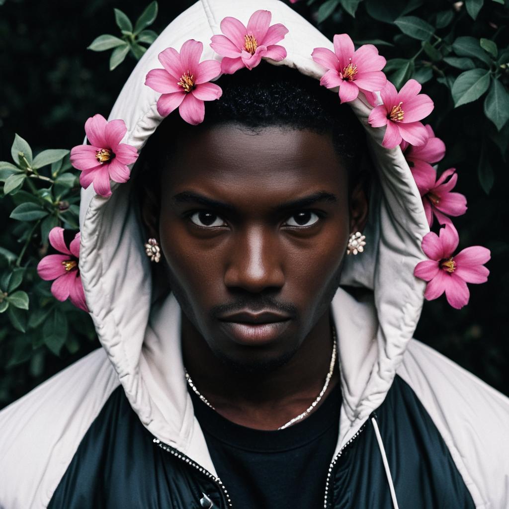Man in Floral Hooded Jacket Against Green Leaves