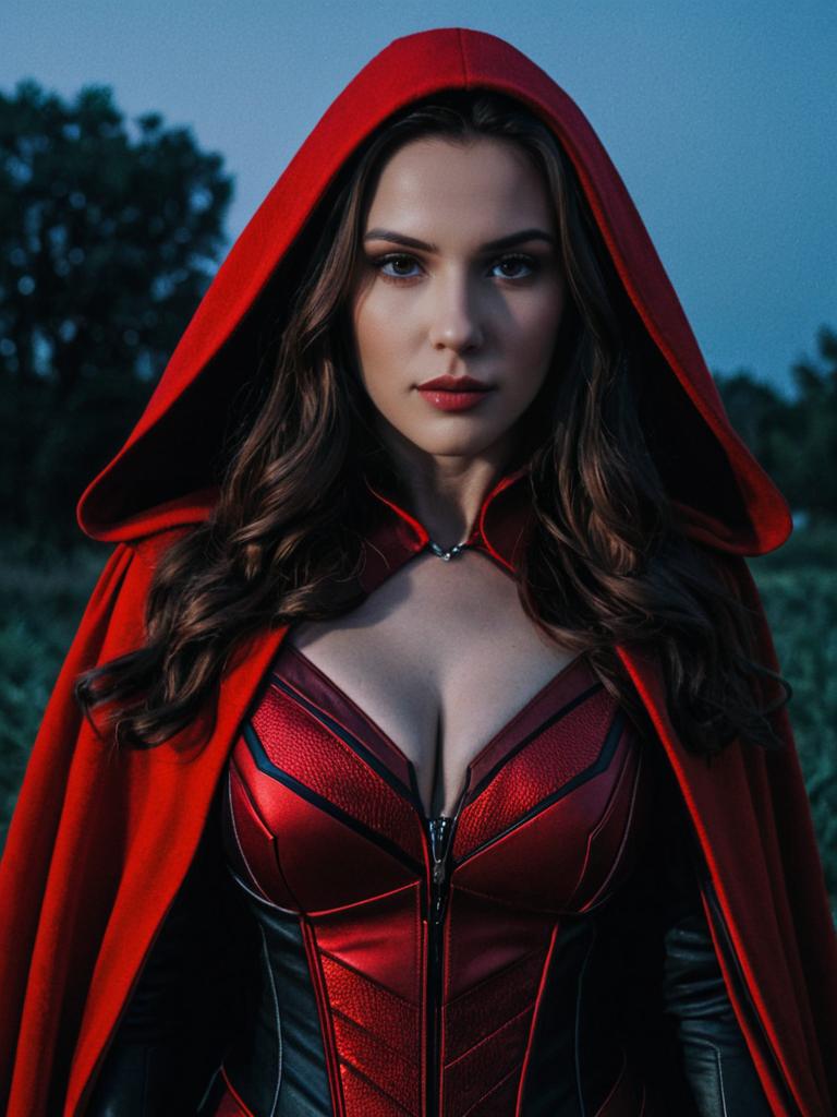 Photorealistic Woman in Scarlet Witch Costume Outdoor Portrait at Twilight