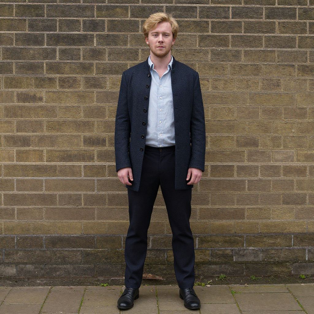 Young Man in Smart Casual Navy Coat and Trousers Against Brick Wall