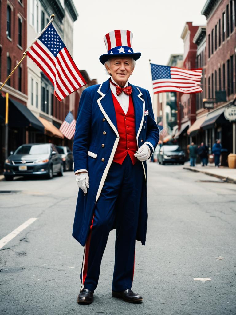 Elderly Man in Patriotic Costume on City Street