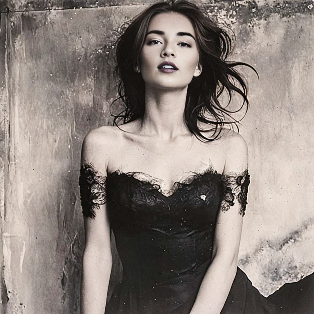 Elegant Woman in Lace Dress - Black and White