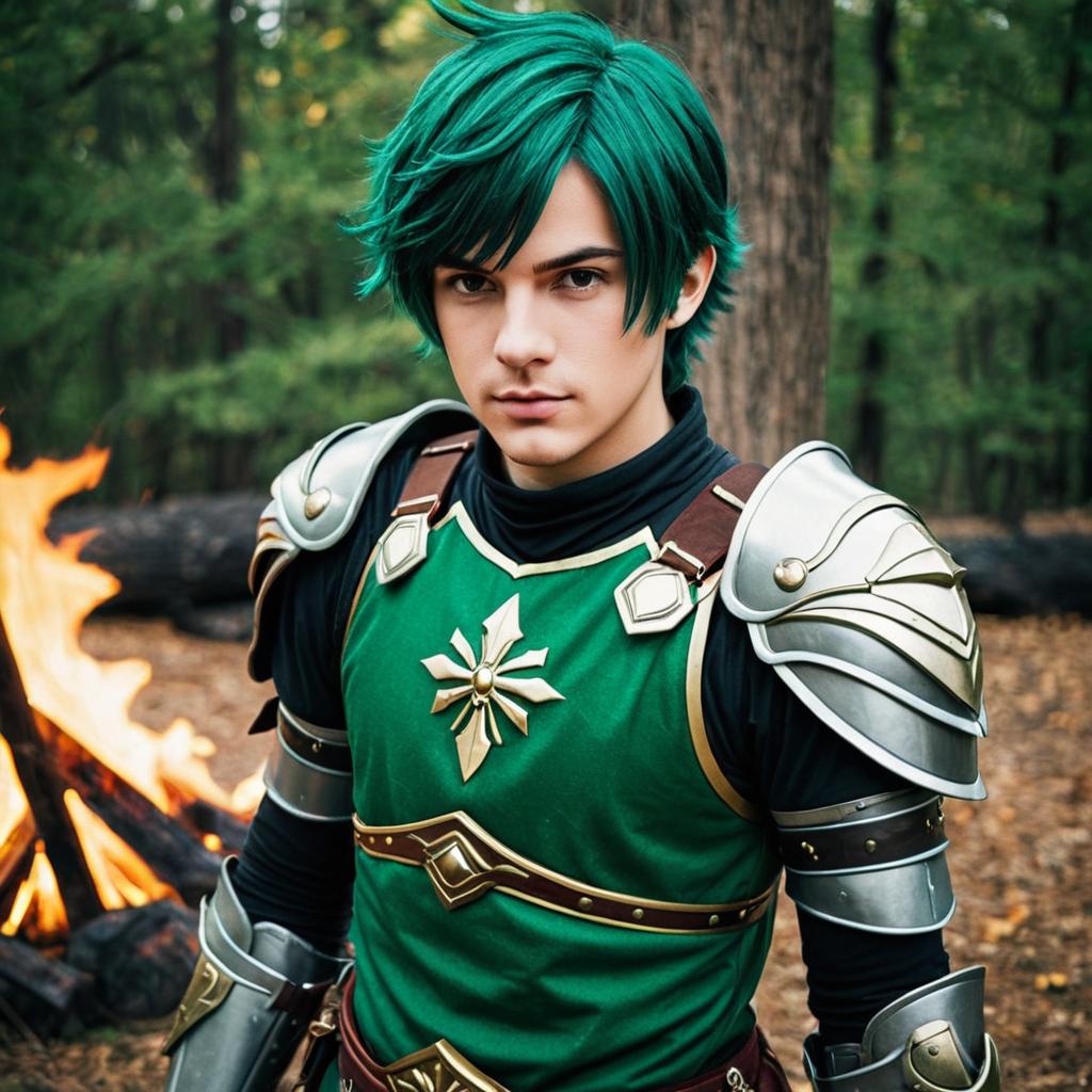 Realistic Cosplay of Alm from Fire Emblem with Armor Near Campfire