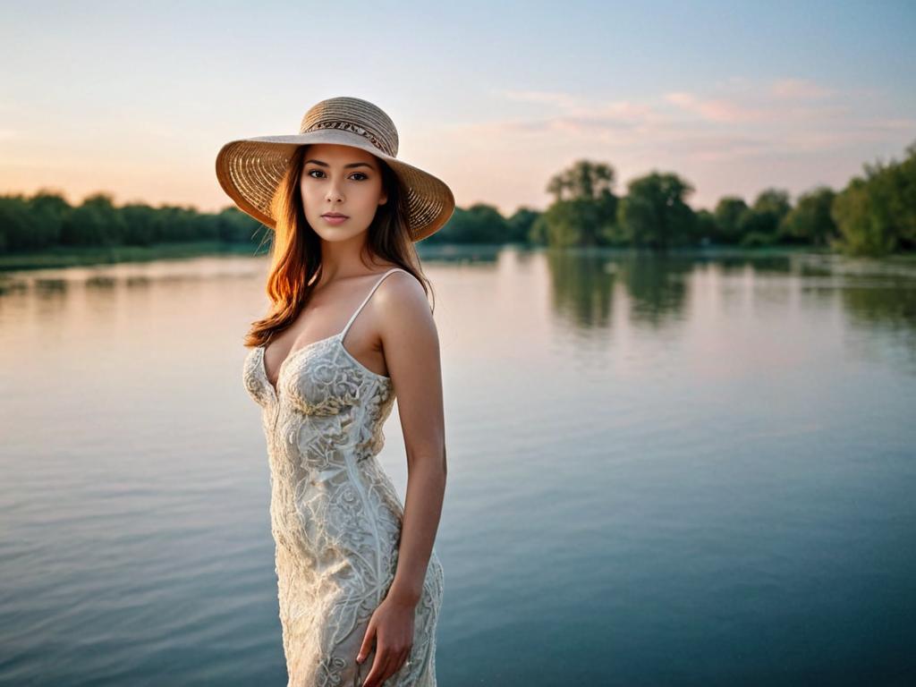 Woman in Lace Dress by Tranquil Lake at Sunset