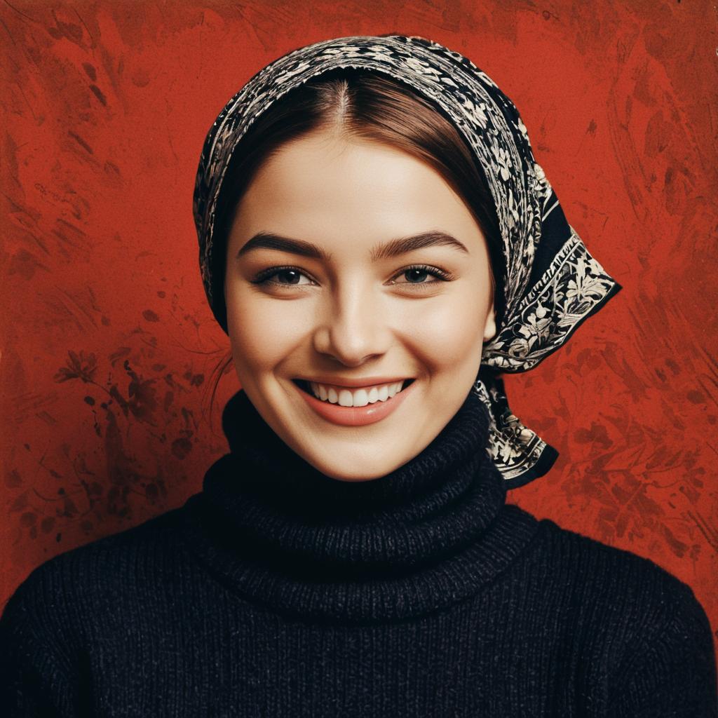 Smiling Woman in Black Turtleneck and Patterned Headscarf on Red Background