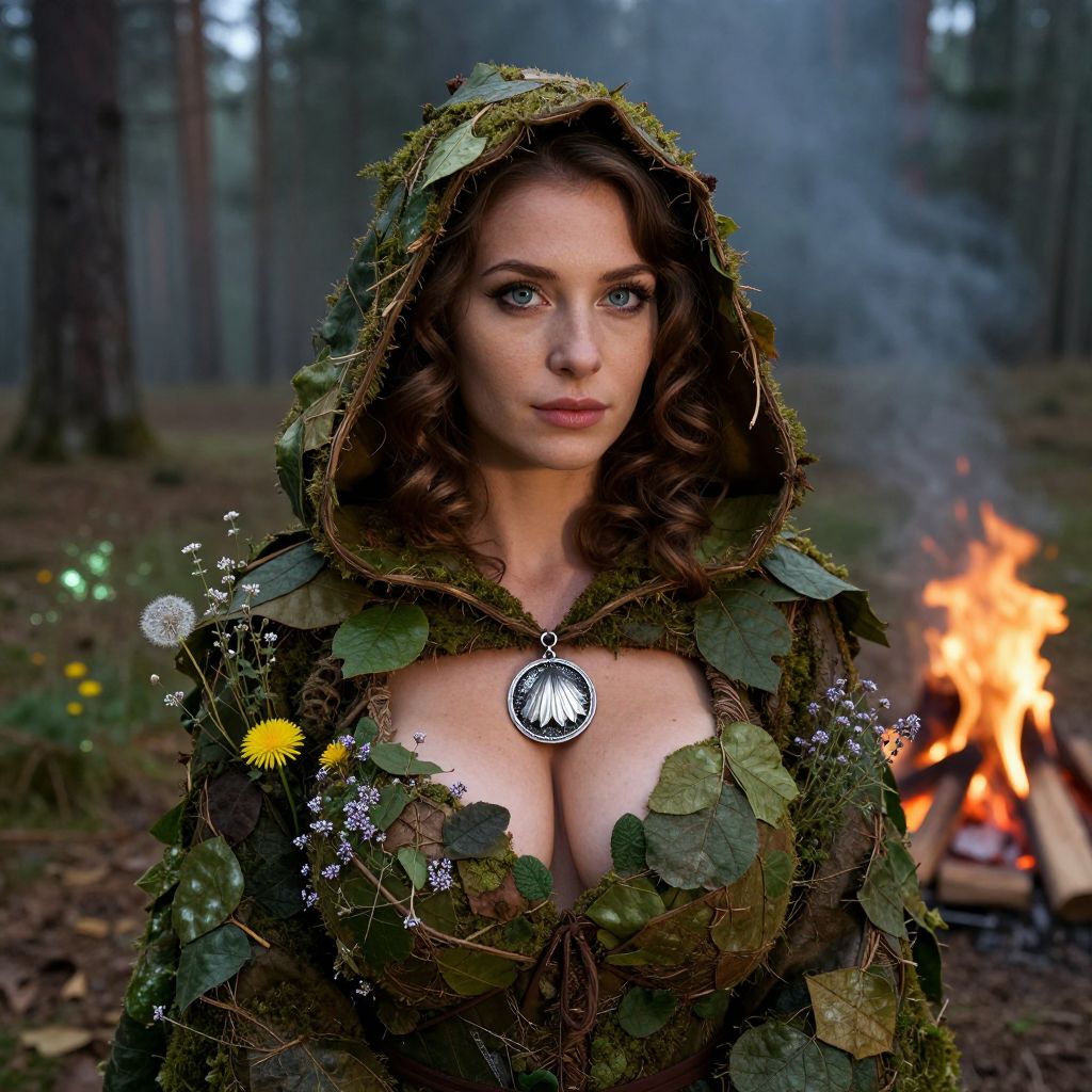 Woman in Fantasy Forest Costume with Leaf and Moss Cloak by Campfire
