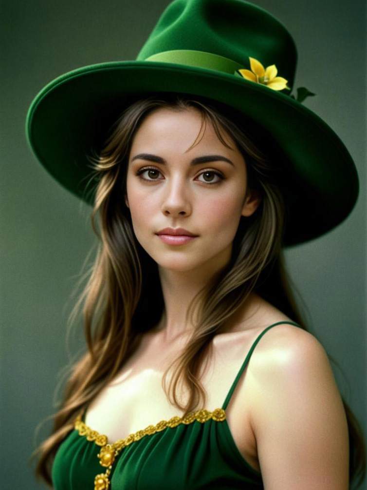 Young Woman in Green Dress with Hat