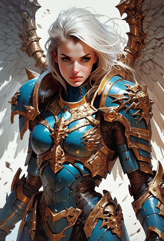 Woman Warrior in Ornate Blue and Gold Armor with White Hair and Wings