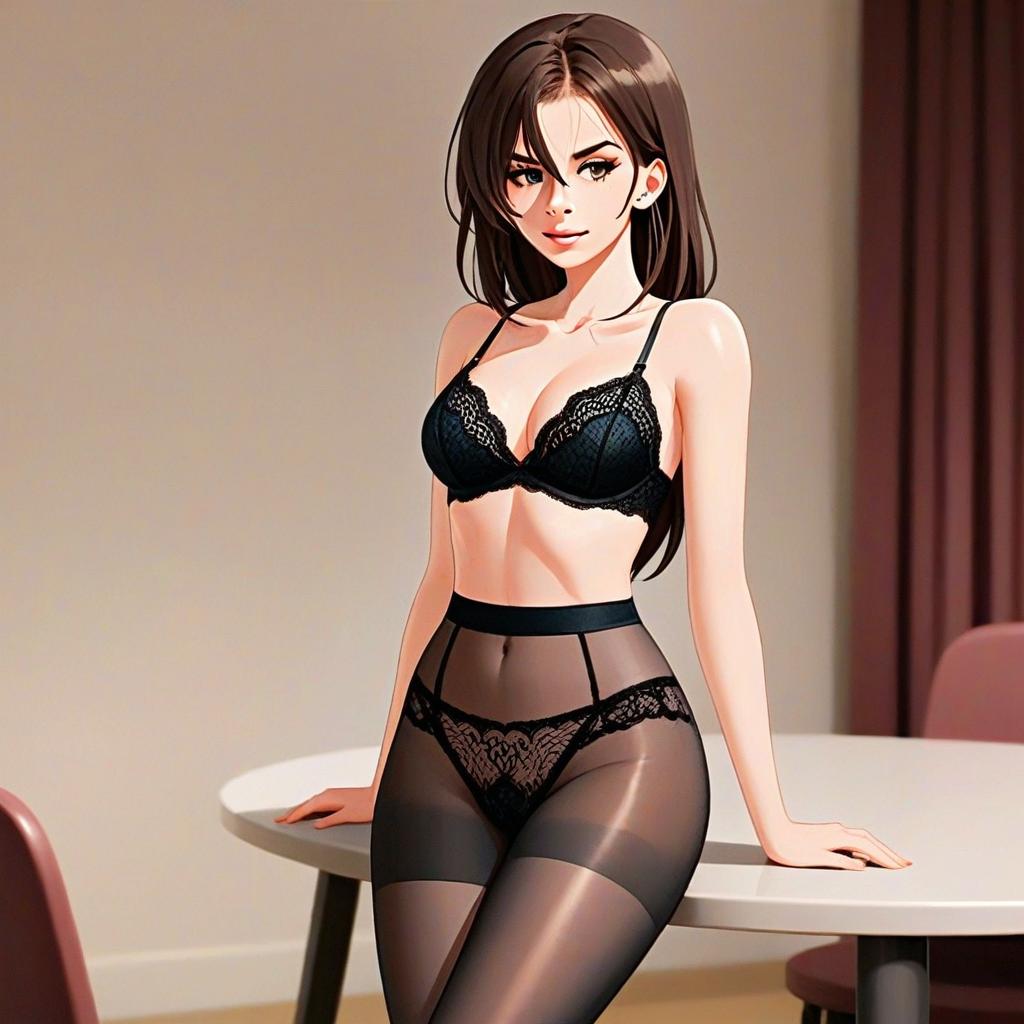Stylish Digital Illustration of Woman in Black Lace Lingerie and Sheer Stockings