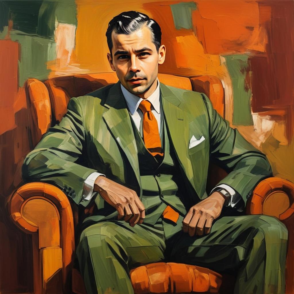 Stylish Man in Green Suit Sitting in Orange Chair Digital Painting