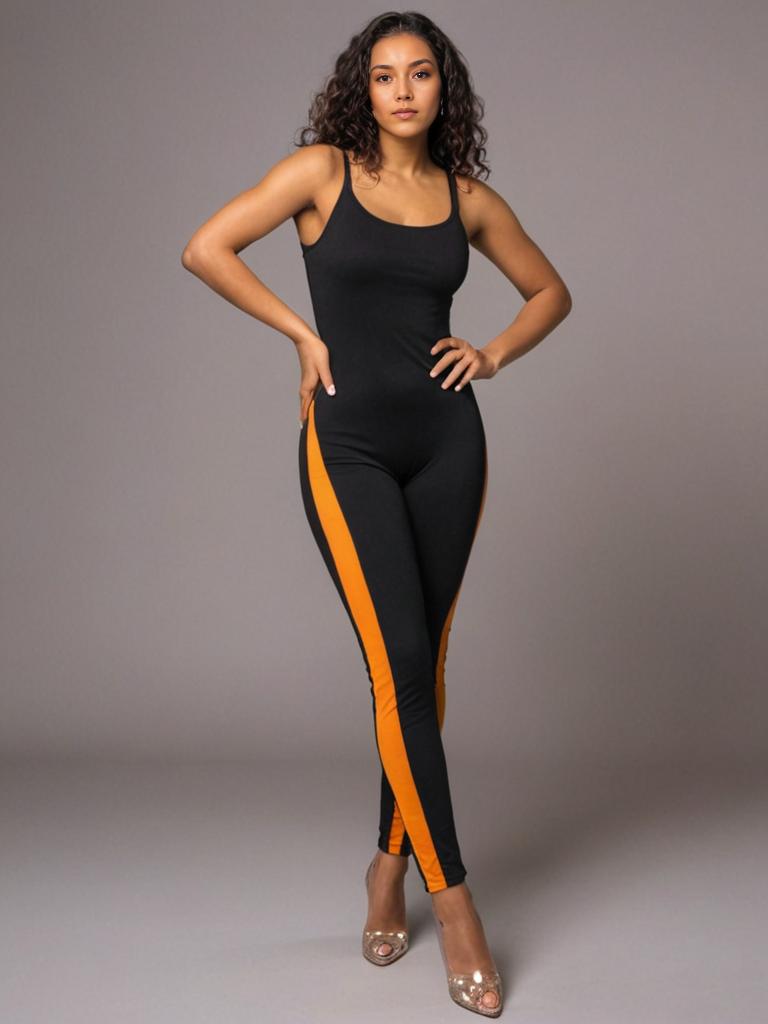 Confident Woman in Stylish Black Bodysuit with Orange Stripes