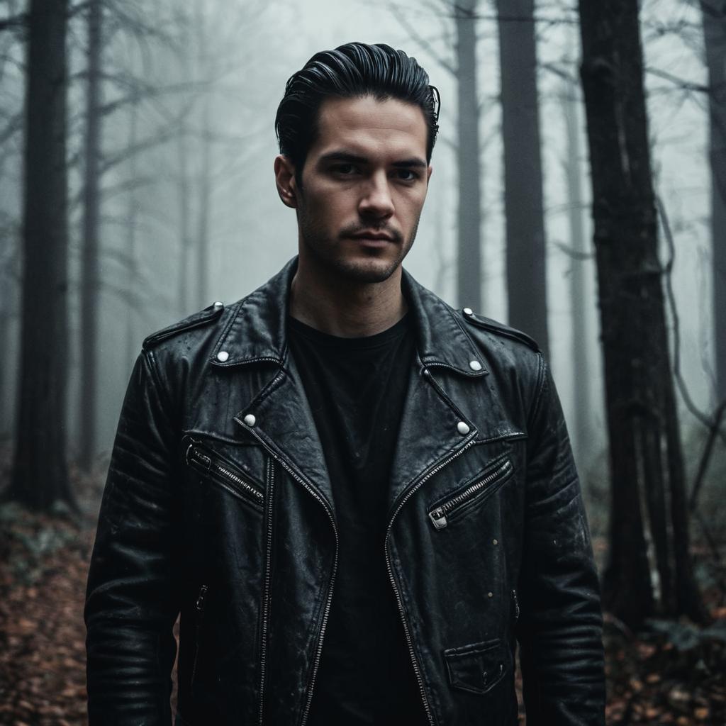 Young man in leather jacket in misty forest