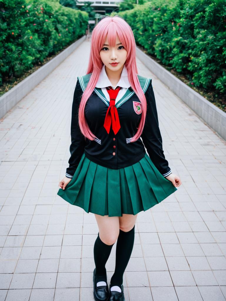 Akashiya Moka Cosplay Woman in School Uniform with Pink Hair
