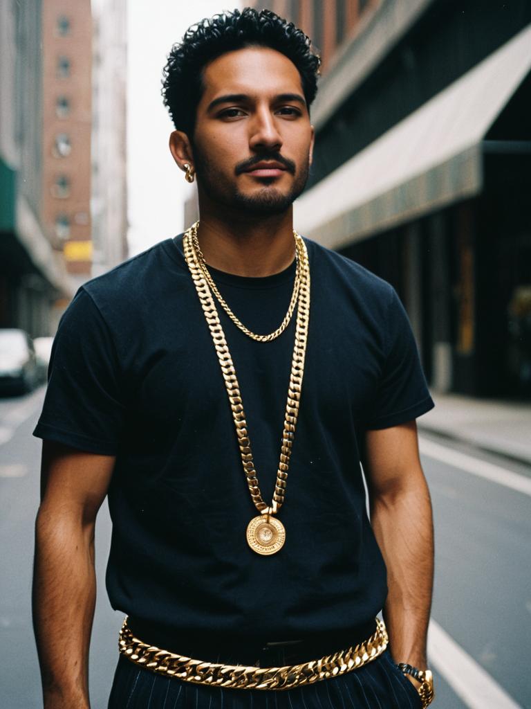 Man Wearing Gold Jewelry Chains Waist Up Urban Street Style