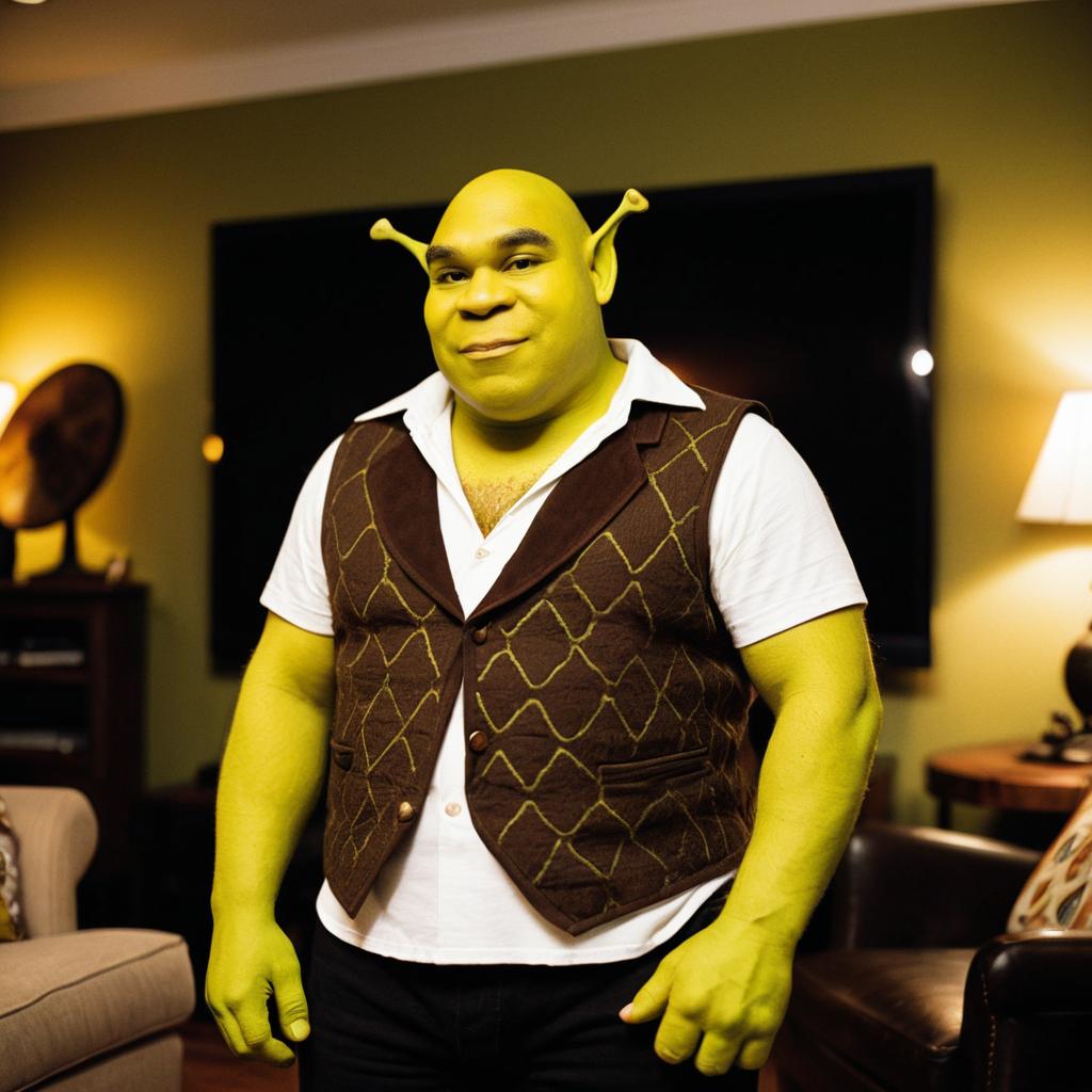 Confident Man with Green Skin in Cozy Living Room
