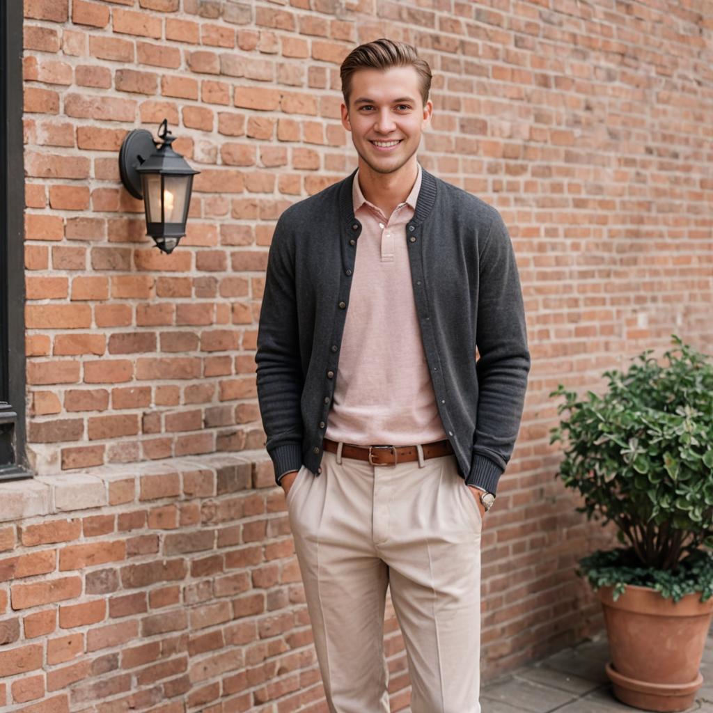 Stylish Man in Urban Fashion Against Brick Wall