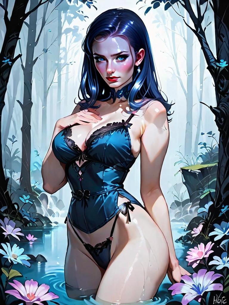 Dark Fantasy Illustration of Woman in Medieval Lingerie in Forest Pond