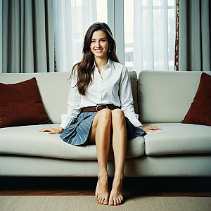 Young Woman in White Shirt and Blue Skirt on Sofa