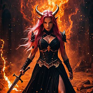 Fantasy Woman Warrior with Horns and Sword in Fiery Scene
