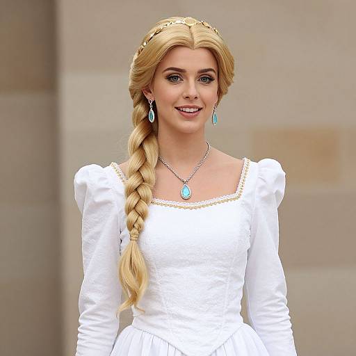 Woman in White Medieval-Style Dress with Blonde Braid and Turquoise Jewelry